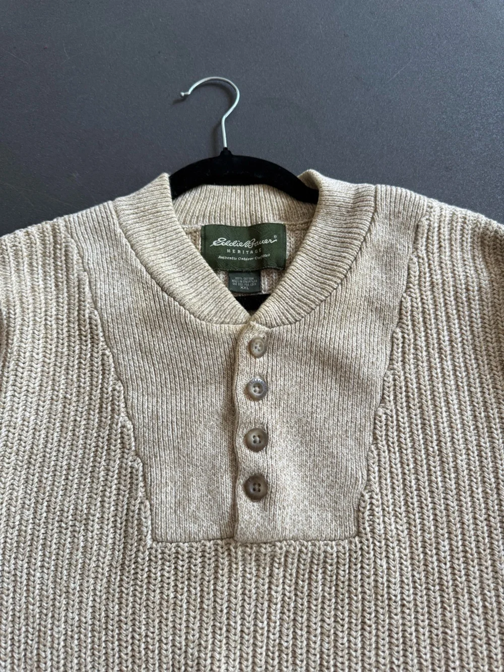 Eddie Bauer Men's Vintage Beige Cream Henley Knit Sweater 100% Cotton XXL